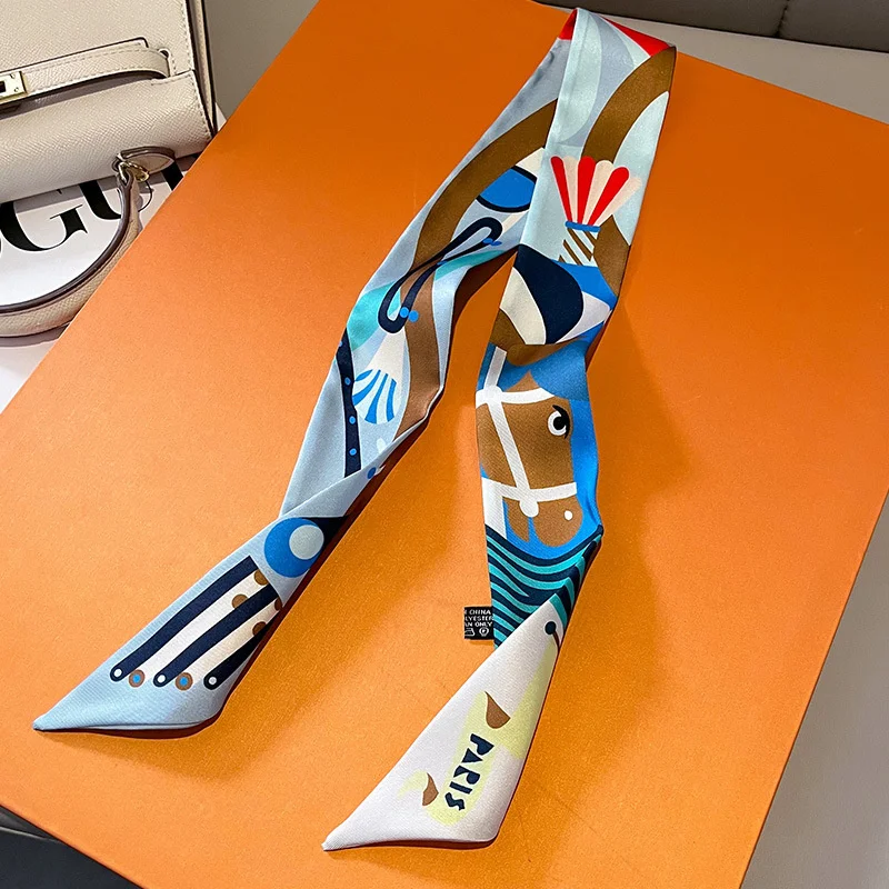 Luxury Brand Silk Skinny Scarf Bag Handle Ribbon Ladies Horse Print Headband Small Hair Scarves Band Female