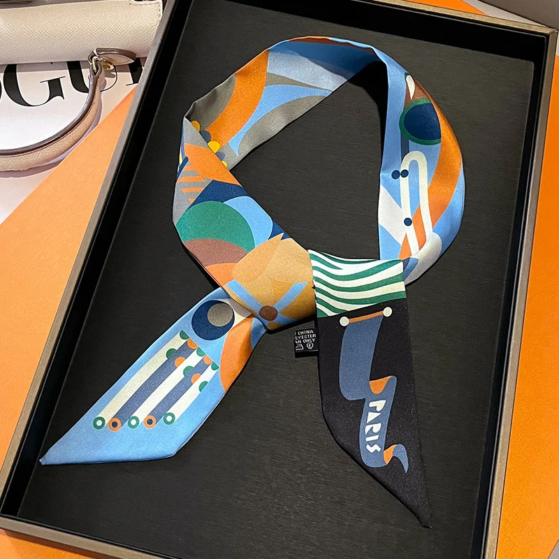 Luxury Brand Silk Skinny Scarf Bag Handle Ribbon Ladies Horse Print Headband Small Hair Scarves Band Female