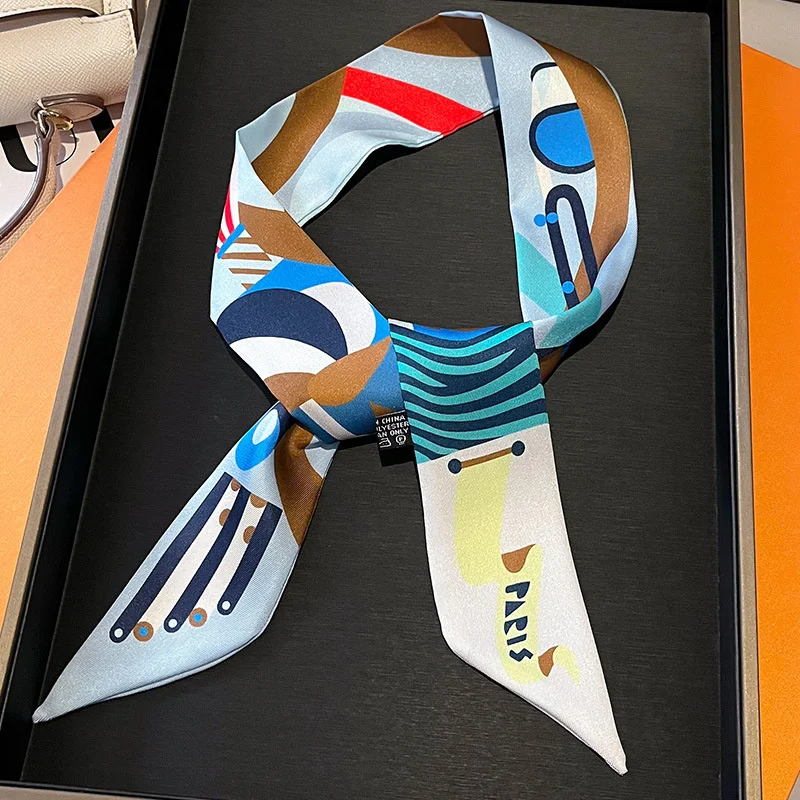Luxury Brand Silk Skinny Scarf Bag Handle Ribbon Ladies Horse Print Headband Small Hair Scarves Band Female