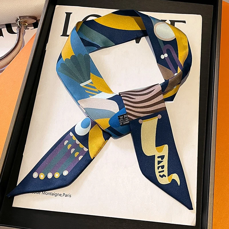 Luxury Brand Silk Skinny Scarf Bag Handle Ribbon Ladies Horse Print Headband Small Hair Scarves Band Female