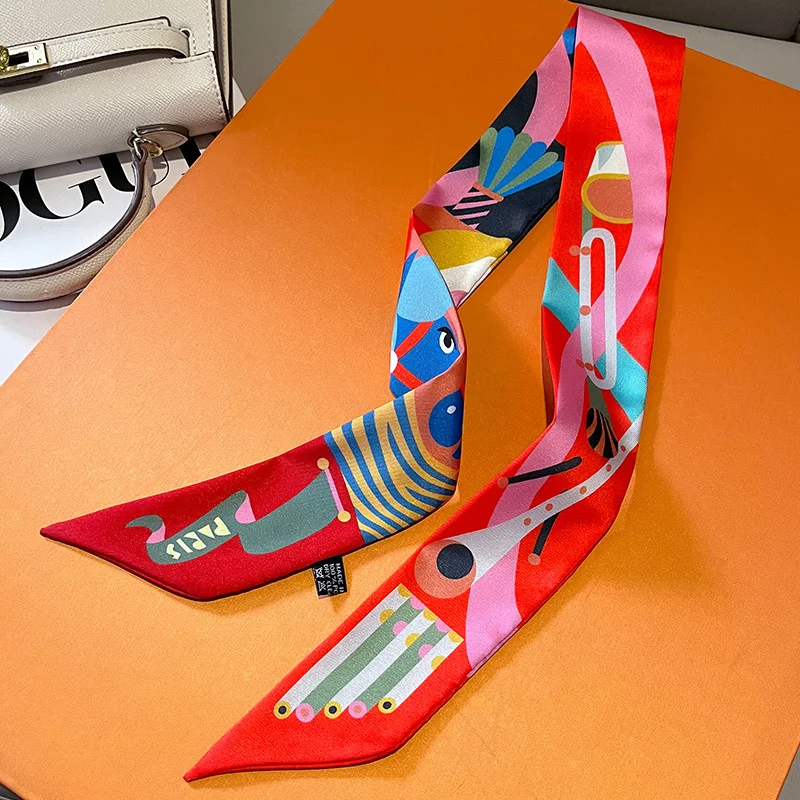 Luxury Brand Silk Skinny Scarf Bag Handle Ribbon Ladies Horse Print Headband Small Hair Scarves Band Female