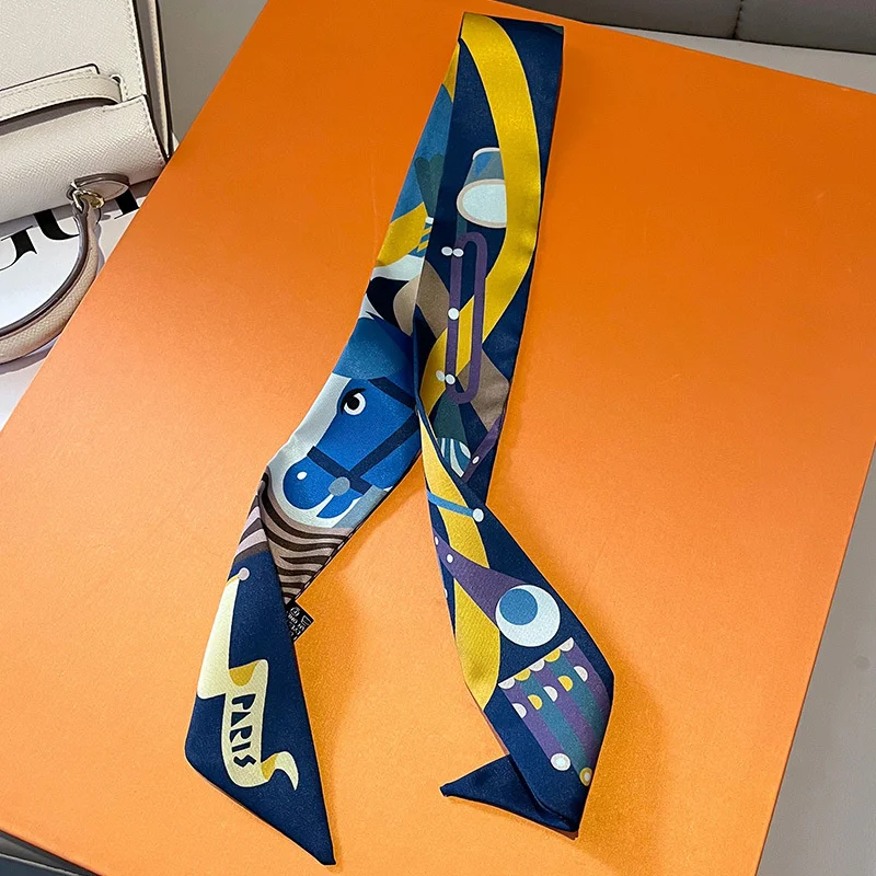 Luxury Brand Silk Skinny Scarf Bag Handle Ribbon Ladies Horse Print Headband Small Hair Scarves Band Female