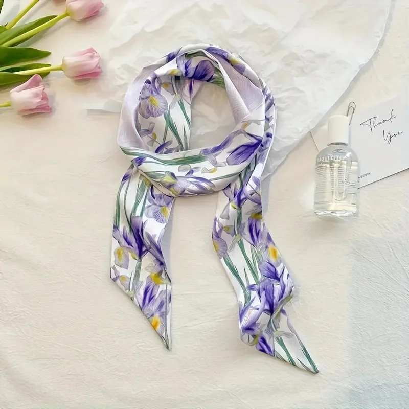 Fashion Printing Flower Long Ribbons Hair Scarf for Women INS Design Silk Headband Long Scarves Ribbon Hair Accessories