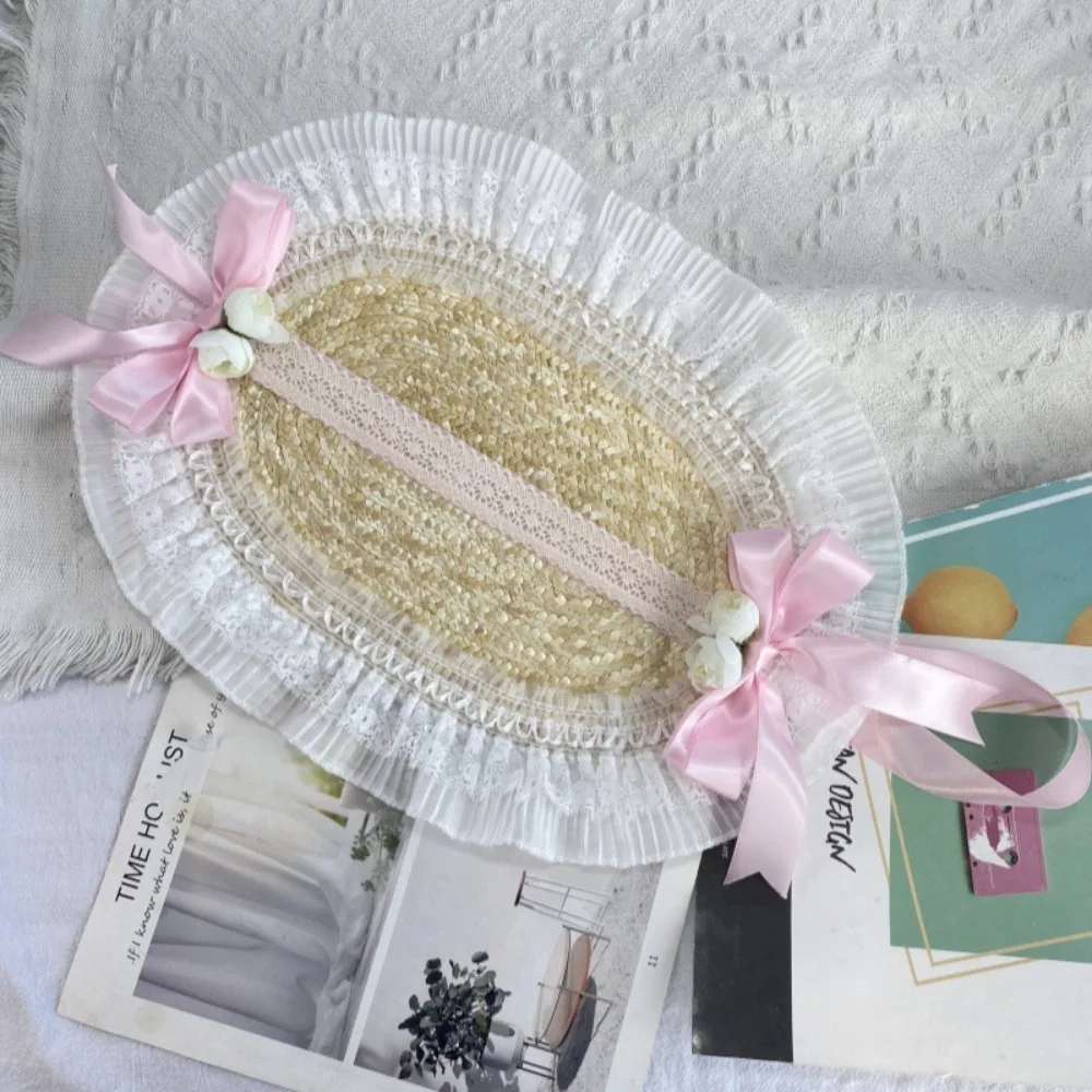 New French Rural Style Lolita Straw Hat Ribbon Bow with Strap Ribbon Flower Beach Hat Hair Accessories Ruffle Lace Flat Top Hat