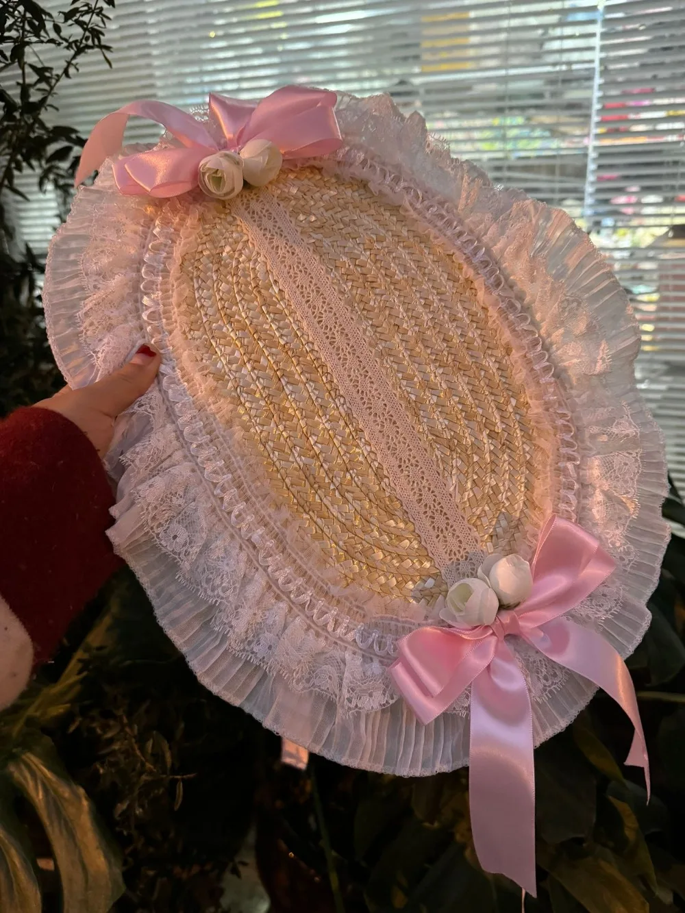 New French Rural Style Lolita Straw Hat Ribbon Bow with Strap Ribbon Flower Beach Hat Hair Accessories Ruffle Lace Flat Top Hat