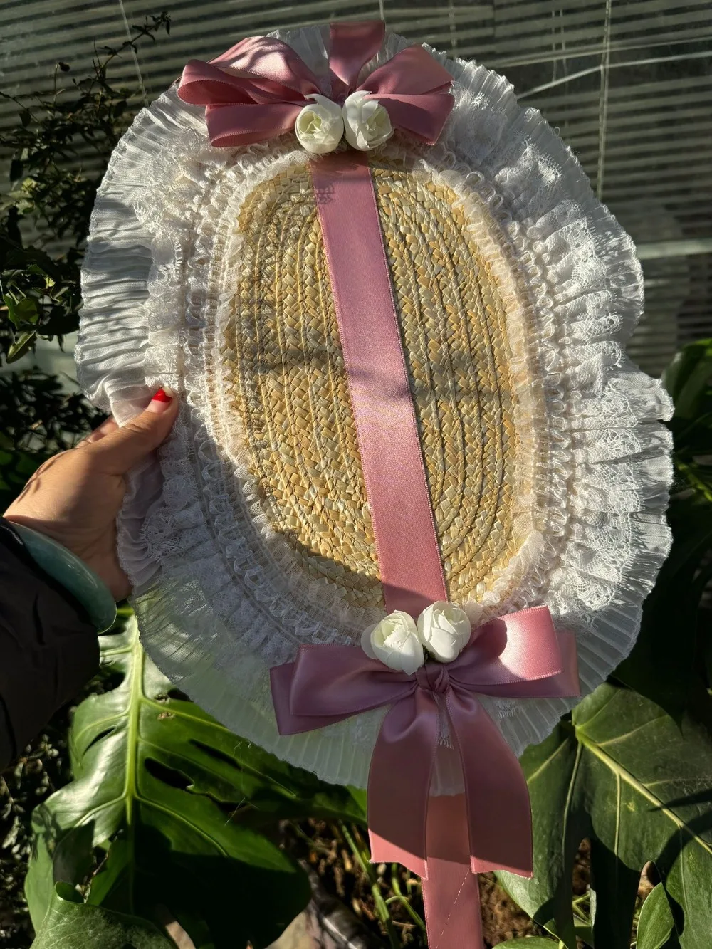 New French Rural Style Lolita Straw Hat Ribbon Bow with Strap Ribbon Flower Beach Hat Hair Accessories Ruffle Lace Flat Top Hat