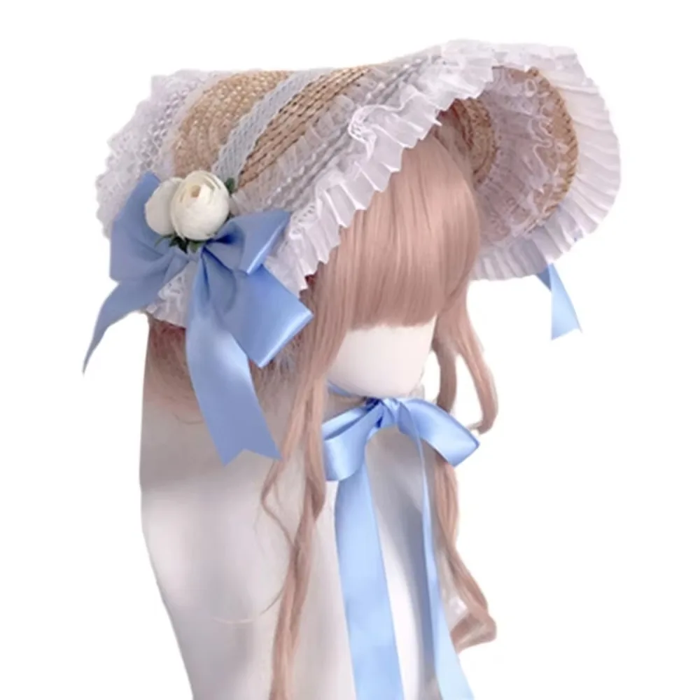 New French Rural Style Lolita Straw Hat Ribbon Bow with Strap Ribbon Flower Beach Hat Hair Accessories Ruffle Lace Flat Top Hat