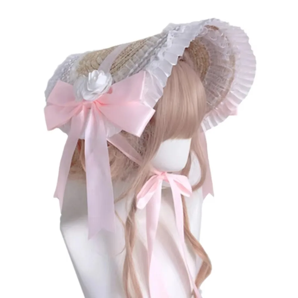 New French Rural Style Lolita Straw Hat Ribbon Bow with Strap Ribbon Flower Beach Hat Hair Accessories Ruffle Lace Flat Top Hat