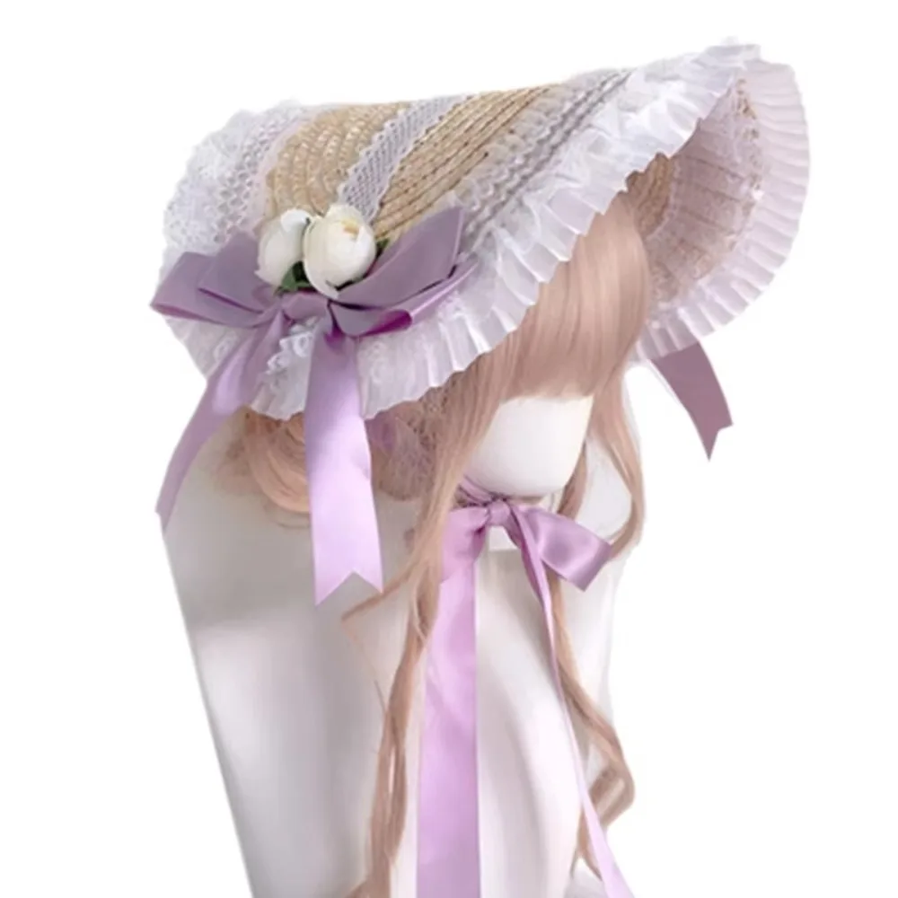 New French Rural Style Lolita Straw Hat Ribbon Bow with Strap Ribbon Flower Beach Hat Hair Accessories Ruffle Lace Flat Top Hat