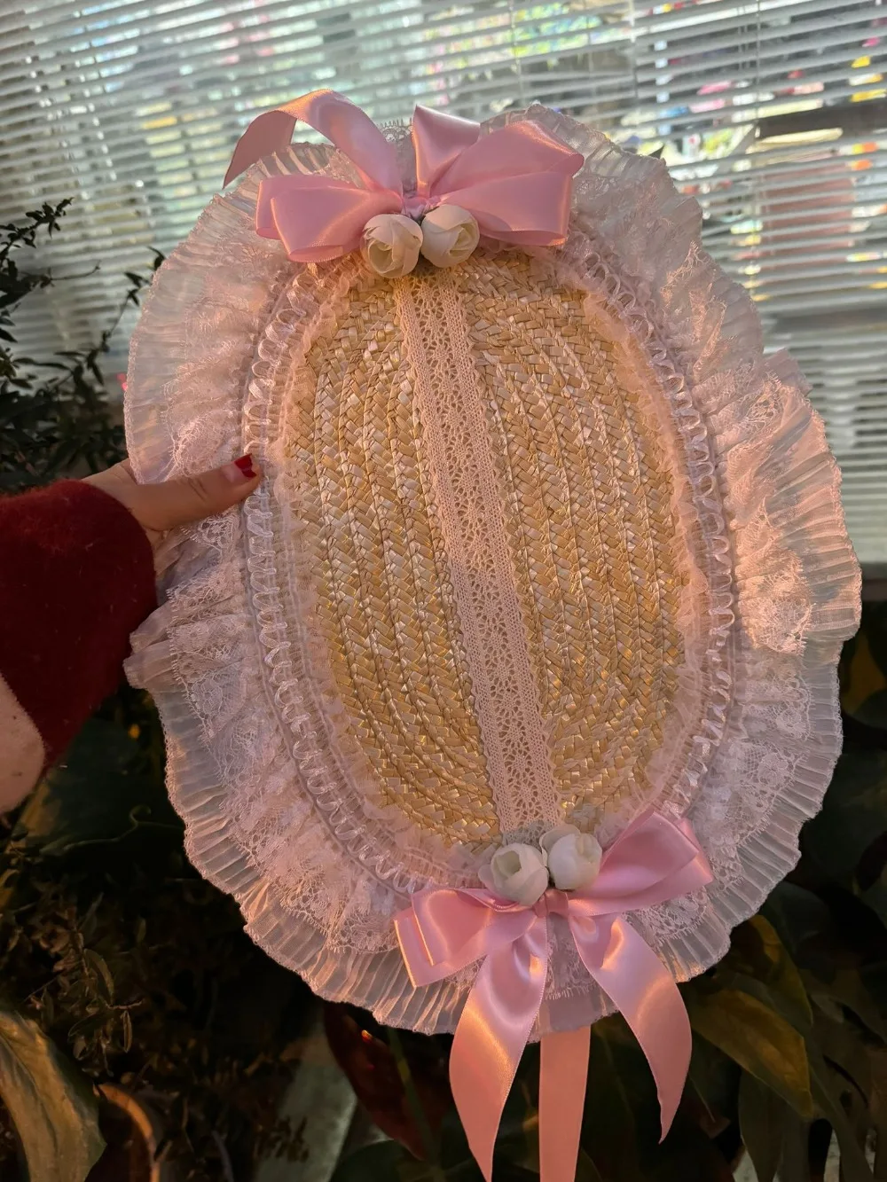 New French Rural Style Lolita Straw Hat Ribbon Bow with Strap Ribbon Flower Beach Hat Hair Accessories Ruffle Lace Flat Top Hat
