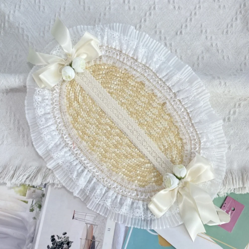 New French Rural Style Lolita Straw Hat Ribbon Bow with Strap Ribbon Flower Beach Hat Hair Accessories Ruffle Lace Flat Top Hat