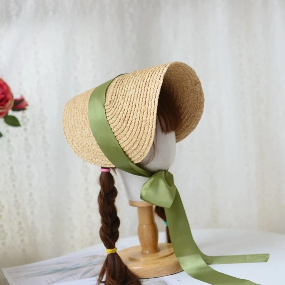 New French Rural Style Lolita Straw Hat Ribbon Bow with Strap Ribbon Flower Beach Hat Hair Accessories Ruffle Lace Flat Top Hat