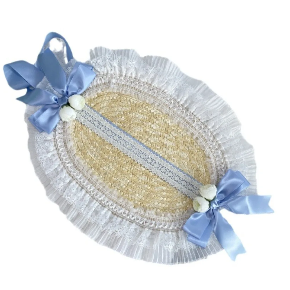New French Rural Style Lolita Straw Hat Ribbon Bow with Strap Ribbon Flower Beach Hat Hair Accessories Ruffle Lace Flat Top Hat