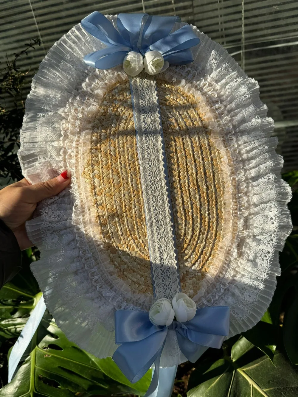 New French Rural Style Lolita Straw Hat Ribbon Bow with Strap Ribbon Flower Beach Hat Hair Accessories Ruffle Lace Flat Top Hat