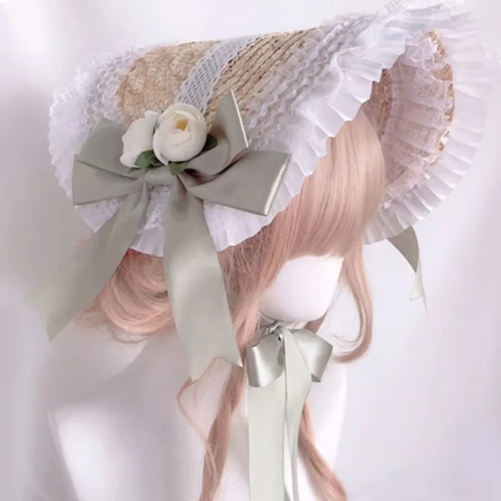 New French Rural Style Lolita Straw Hat Ribbon Bow with Strap Ribbon Flower Beach Hat Hair Accessories Ruffle Lace Flat Top Hat