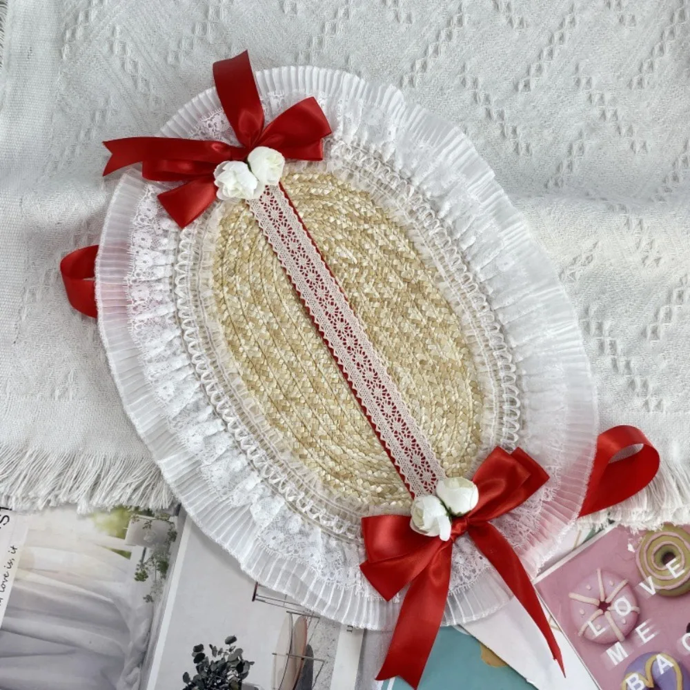 New French Rural Style Lolita Straw Hat Ribbon Bow with Strap Ribbon Flower Beach Hat Hair Accessories Ruffle Lace Flat Top Hat