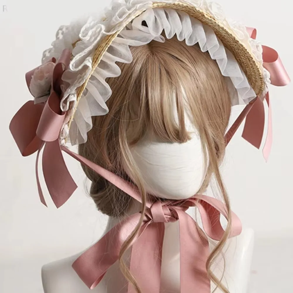 New French Rural Style Lolita Straw Hat Ribbon Bow with Strap Ribbon Flower Beach Hat Hair Accessories Ruffle Lace Flat Top Hat