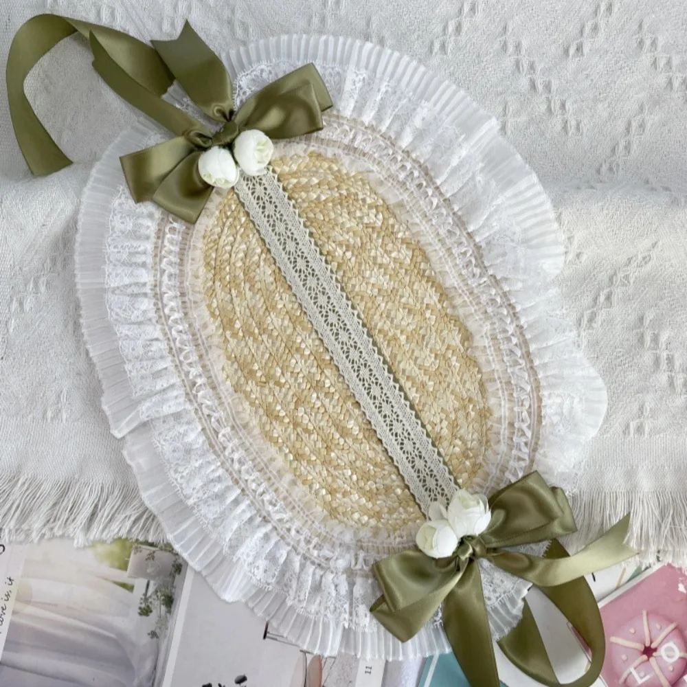 New French Rural Style Lolita Straw Hat Ribbon Bow with Strap Ribbon Flower Beach Hat Hair Accessories Ruffle Lace Flat Top Hat