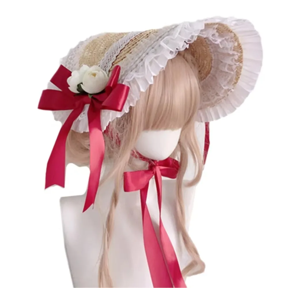 New French Rural Style Lolita Straw Hat Ribbon Bow with Strap Ribbon Flower Beach Hat Hair Accessories Ruffle Lace Flat Top Hat