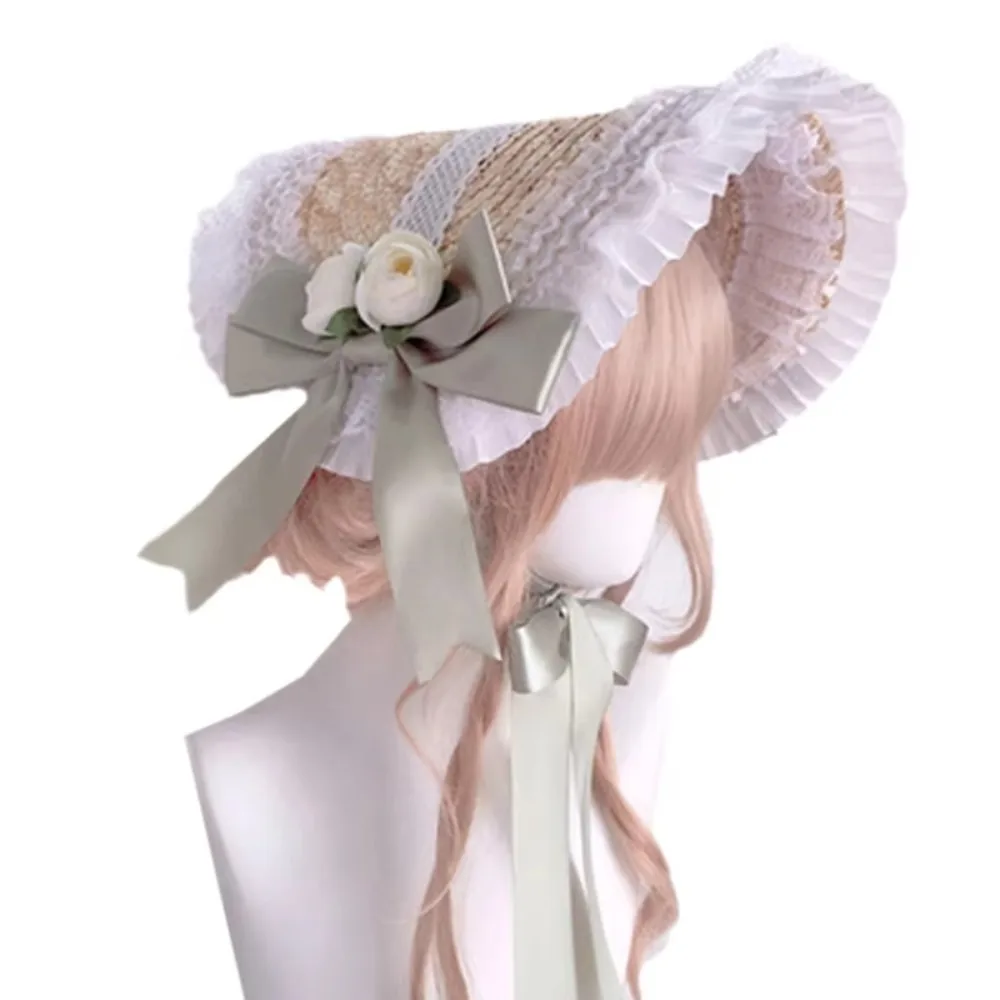 New French Rural Style Lolita Straw Hat Ribbon Bow with Strap Ribbon Flower Beach Hat Hair Accessories Ruffle Lace Flat Top Hat