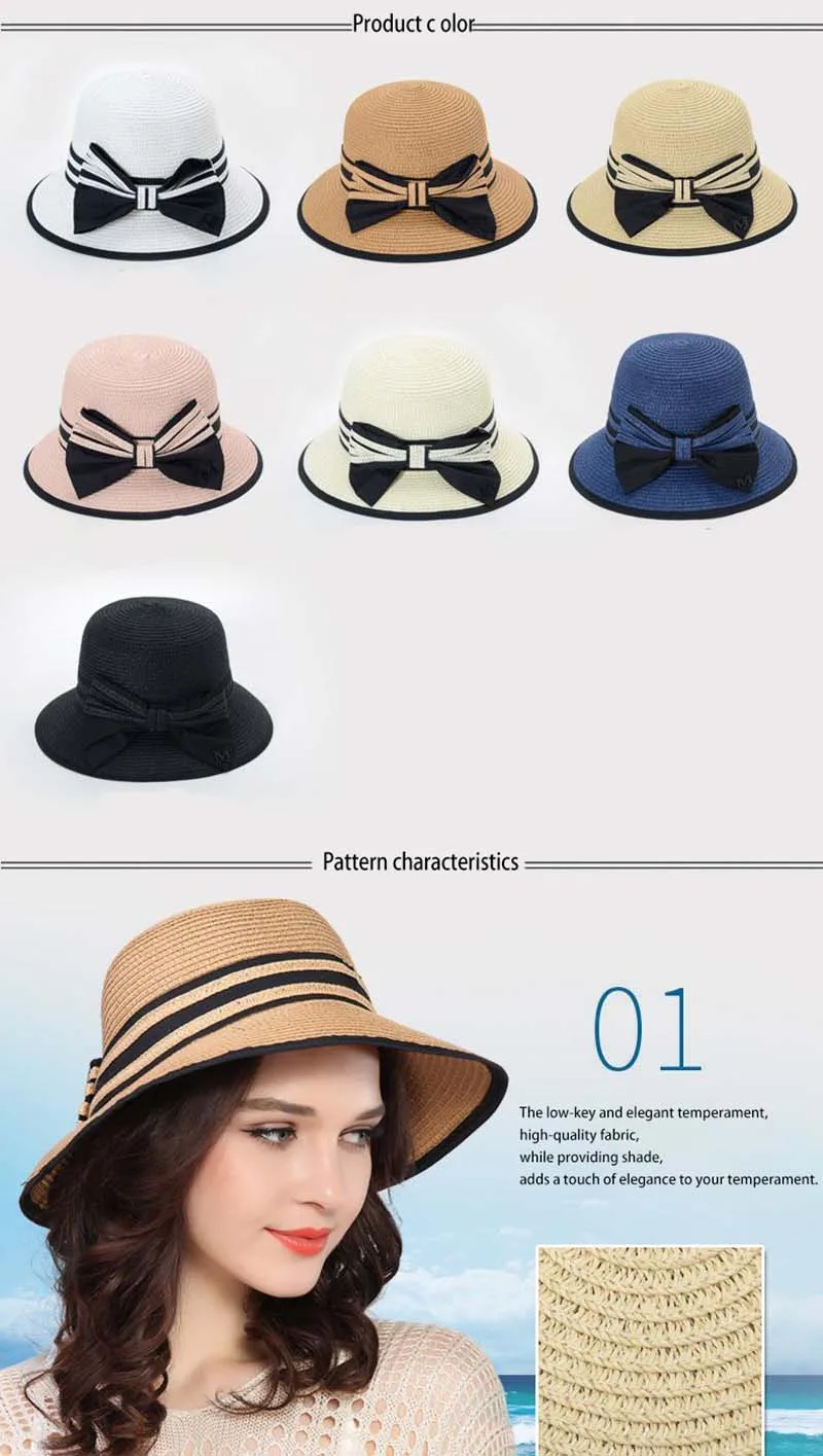 Muchique Boater Hats for Women Summer Sun Straw Hat Wide Brim Beach Hats Girl Outside Travel Straw Cap Casual Bow Hat