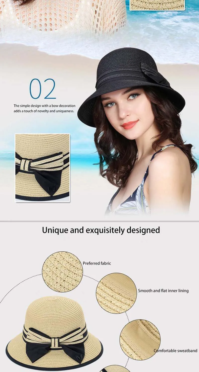 Muchique Boater Hats for Women Summer Sun Straw Hat Wide Brim Beach Hats Girl Outside Travel Straw Cap Casual Bow Hat