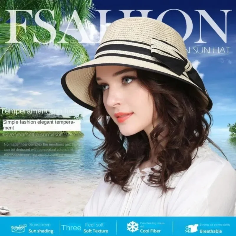 Muchique Boater Hats for Women Summer Sun Straw Hat Wide Brim Beach Hats Girl Outside Travel Straw Cap Casual Bow Hat