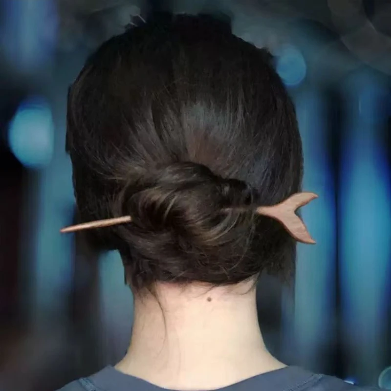 Retro New Chinese Style Cool Tail Sandalwood Hairpin with Chinese Style One Word Plate Hairpin, Ancient Hanfu Headpiece