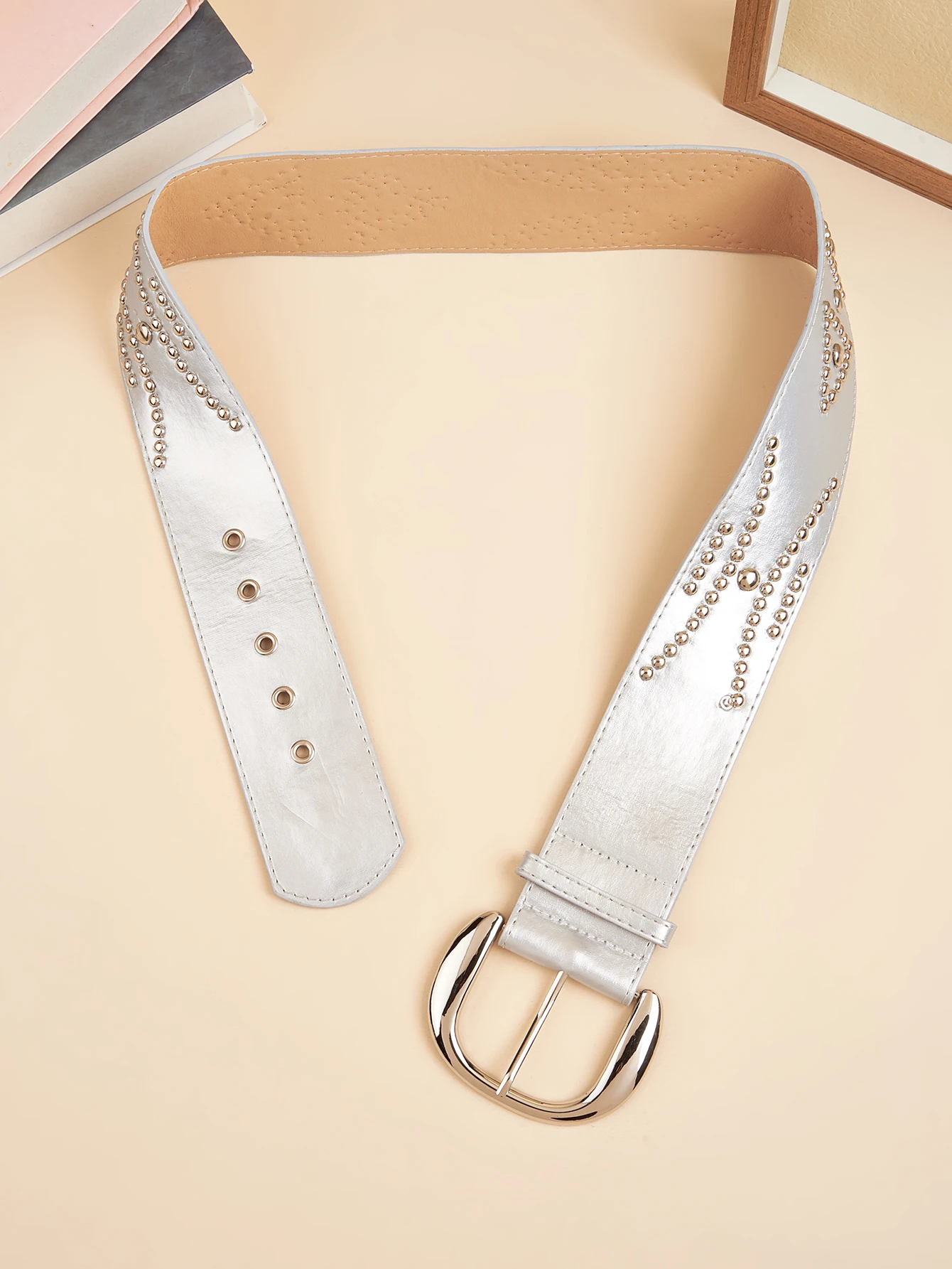 1pc women's silver punk light luxury casual rivet wide belt jeans skirt versatile decorative belt suitable for daily travel