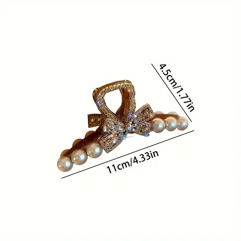 Elegant rhinestone and imitation pearl bow hair clip - Women's fashionable resin hair accessory, suitable for casual wear