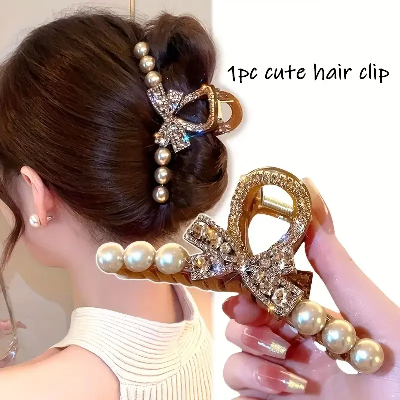 Elegant rhinestone and imitation pearl bow hair clip - Women's fashionable resin hair accessory, suitable for casual wear