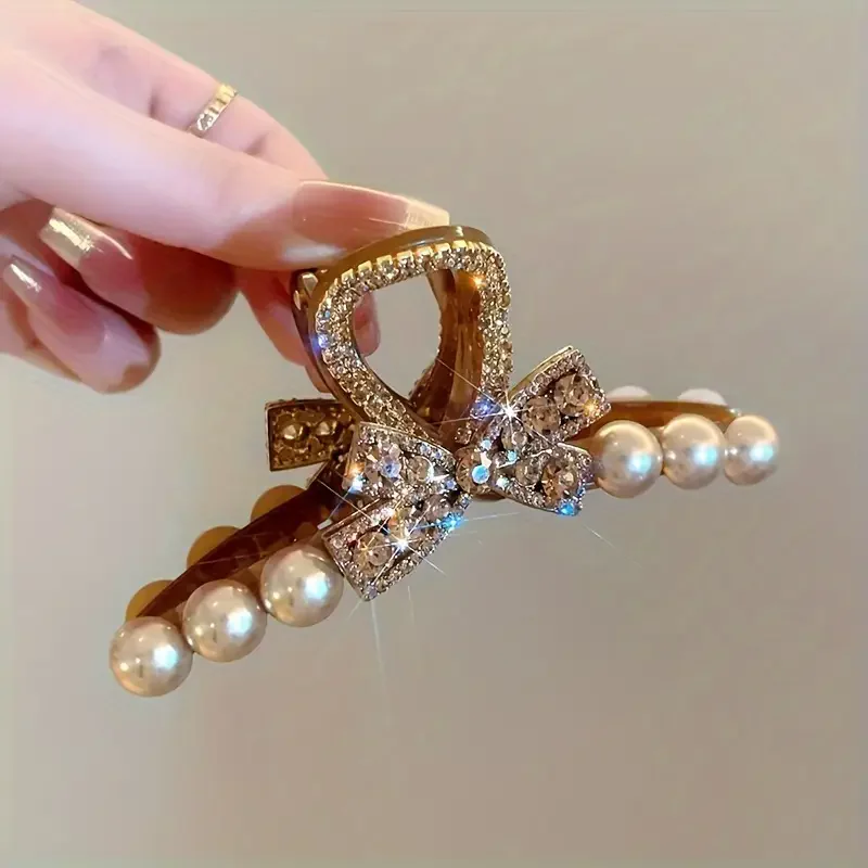 Elegant rhinestone and imitation pearl bow hair clip - Women's fashionable resin hair accessory, suitable for casual wear