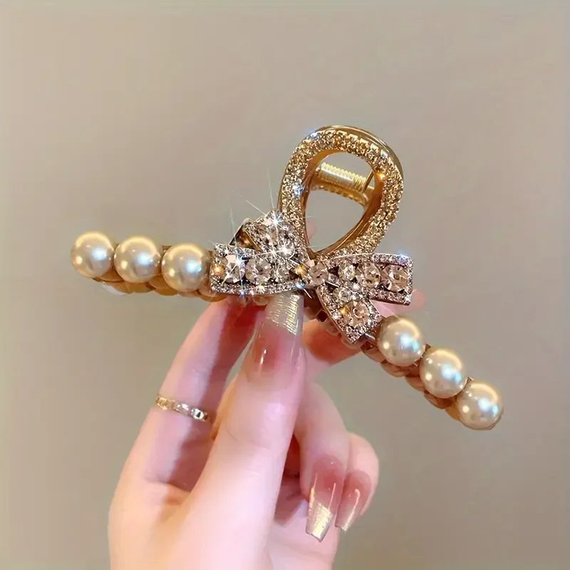 Elegant rhinestone and imitation pearl bow hair clip - Women's fashionable resin hair accessory, suitable for casual wear