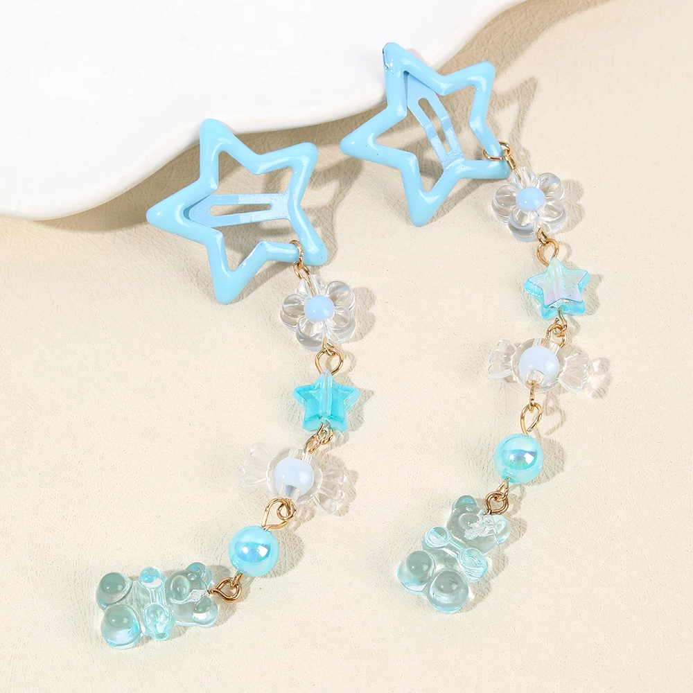 2Pcs Y2k Star Hair Clip Sweet Mini Flower Candy Plastic Bear Crystal Pendant Hairpin Headwear For Girl Metal Barrette Accesories