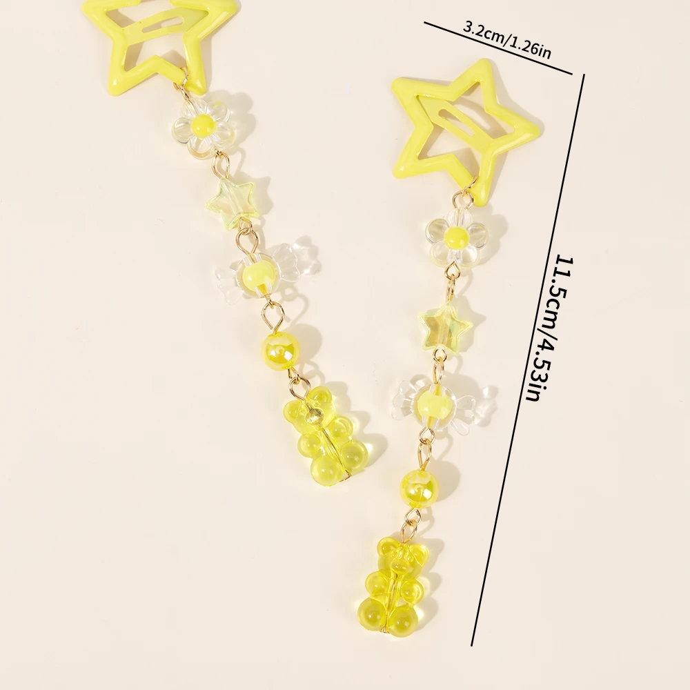 2Pcs Y2k Star Hair Clip Sweet Mini Flower Candy Plastic Bear Crystal Pendant Hairpin Headwear For Girl Metal Barrette Accesories