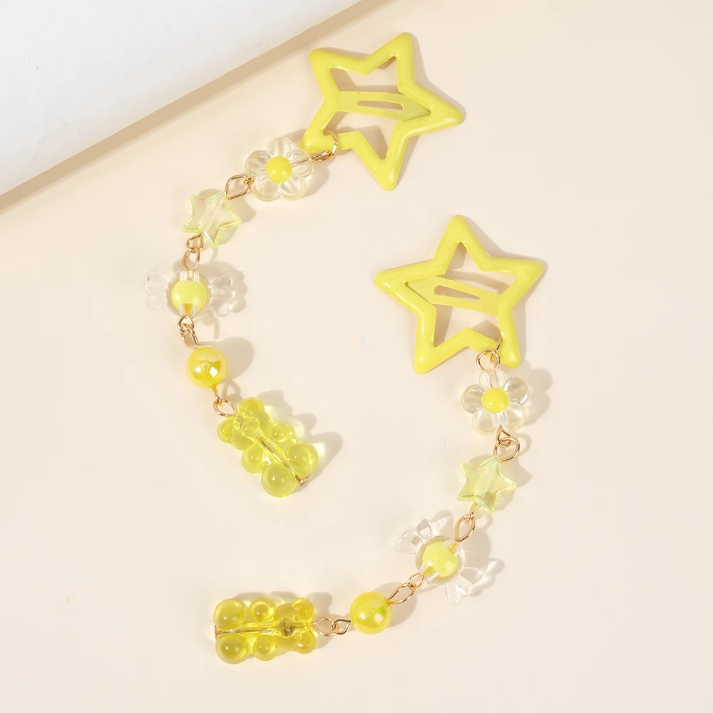 2Pcs Y2k Star Hair Clip Sweet Mini Flower Candy Plastic Bear Crystal Pendant Hairpin Headwear For Girl Metal Barrette Accesories