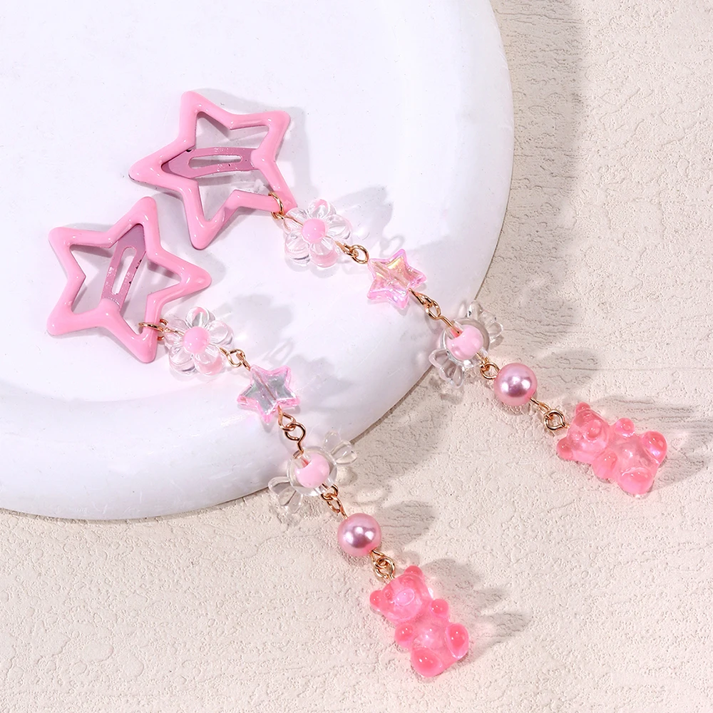 2Pcs Y2k Star Hair Clip Sweet Mini Flower Candy Plastic Bear Crystal Pendant Hairpin Headwear For Girl Metal Barrette Accesories