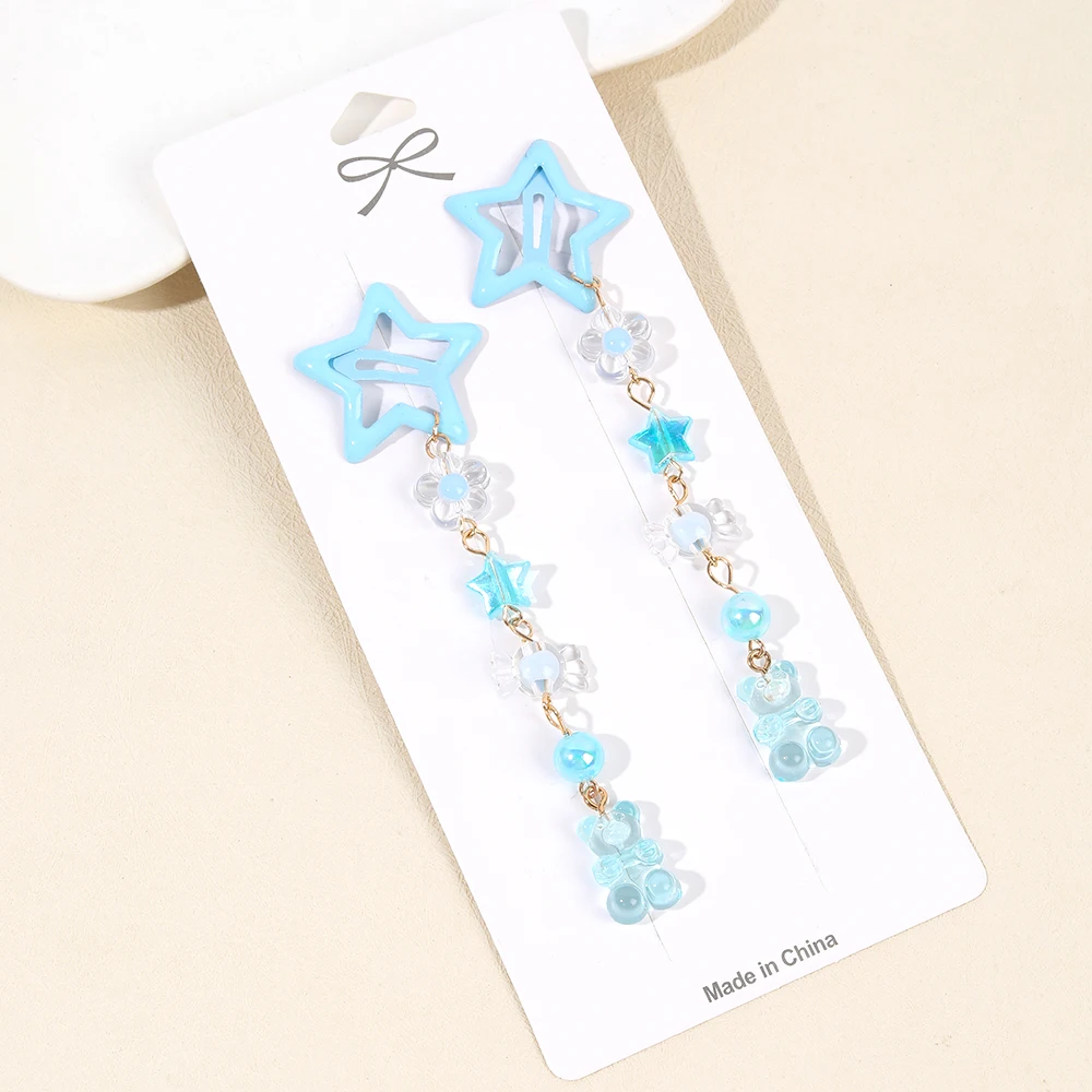 2Pcs Y2k Star Hair Clip Sweet Mini Flower Candy Plastic Bear Crystal Pendant Hairpin Headwear For Girl Metal Barrette Accesories
