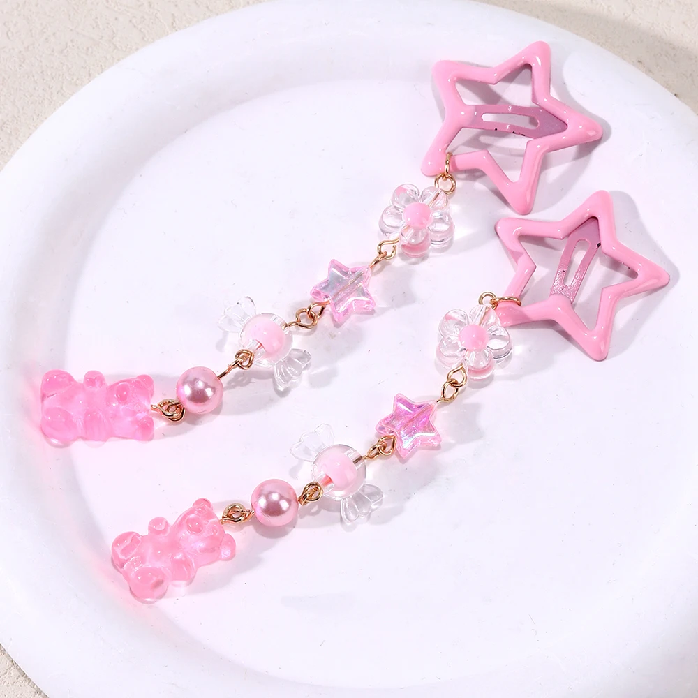 2Pcs Y2k Star Hair Clip Sweet Mini Flower Candy Plastic Bear Crystal Pendant Hairpin Headwear For Girl Metal Barrette Accesories