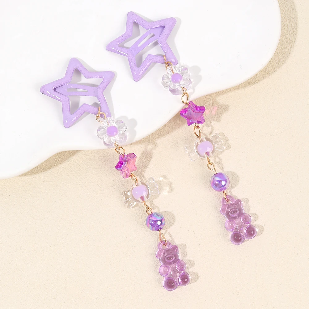 2Pcs Y2k Star Hair Clip Sweet Mini Flower Candy Plastic Bear Crystal Pendant Hairpin Headwear For Girl Metal Barrette Accesories