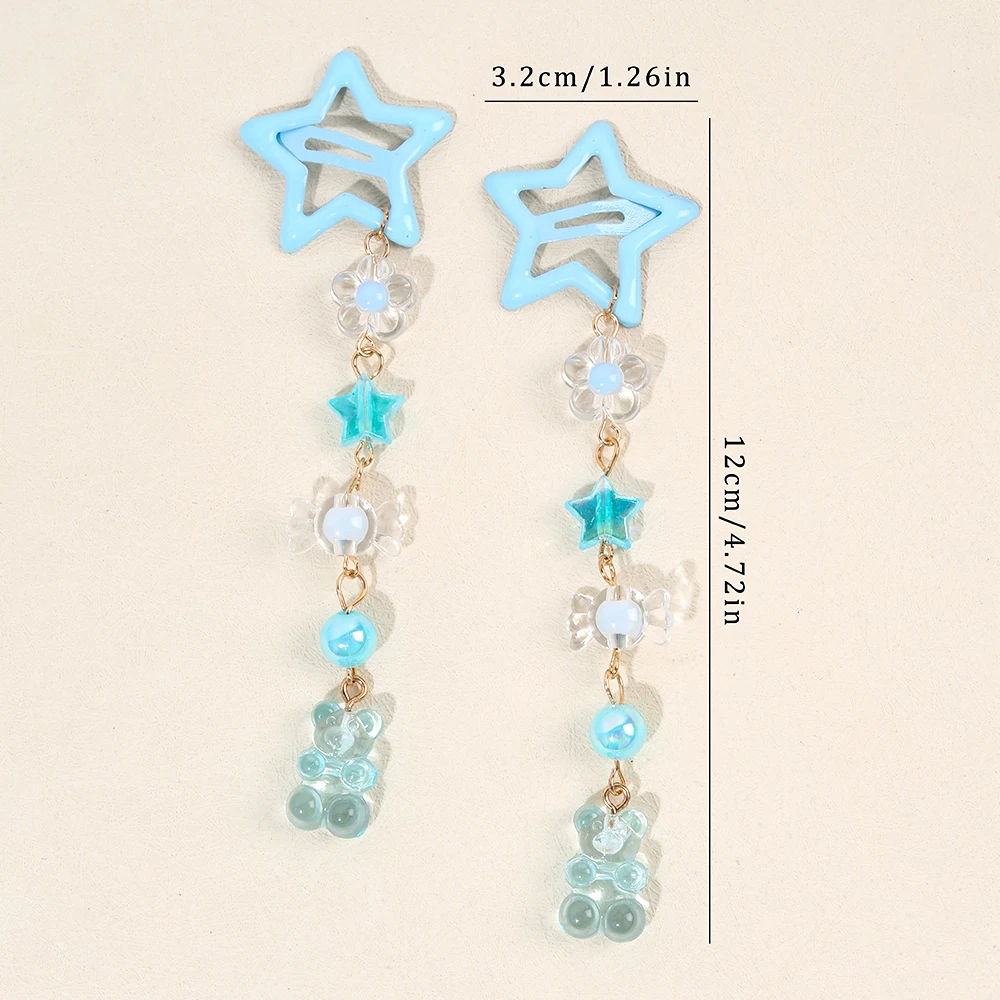 2Pcs Y2k Star Hair Clip Sweet Mini Flower Candy Plastic Bear Crystal Pendant Hairpin Headwear For Girl Metal Barrette Accesories