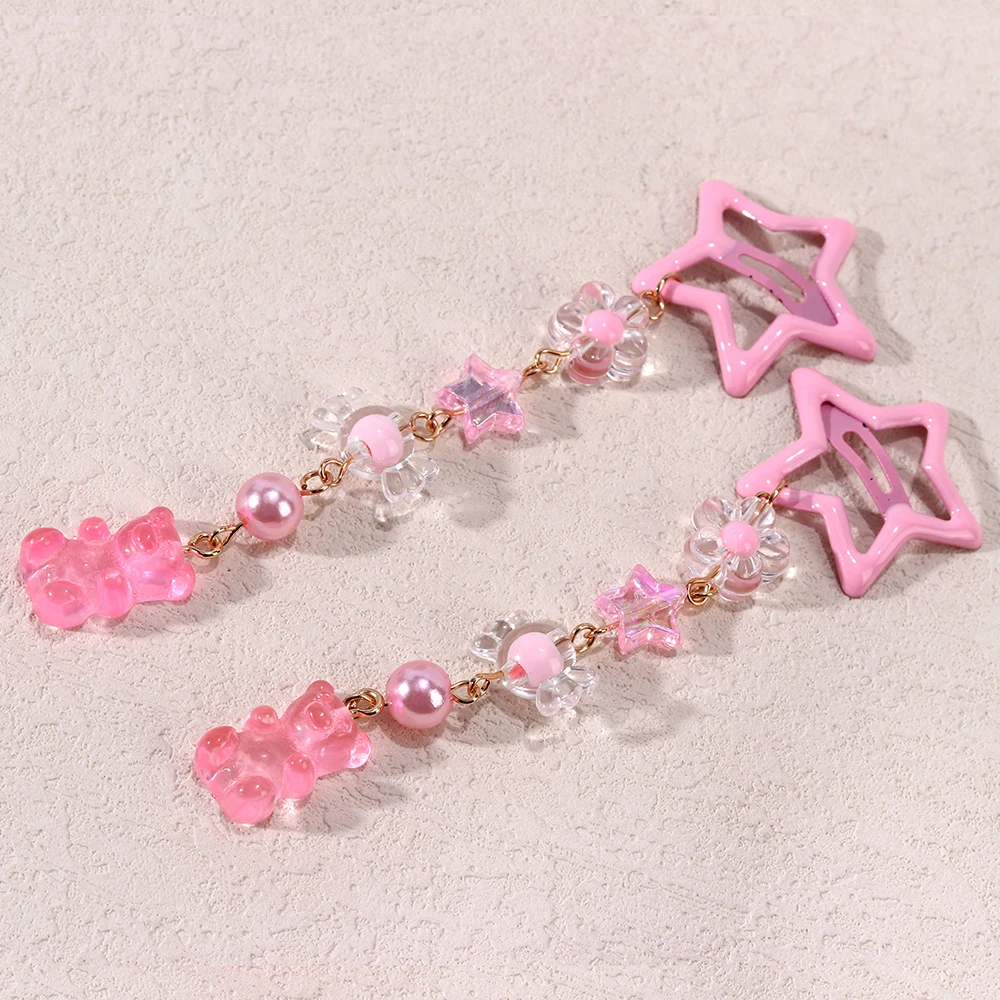 2Pcs Y2k Star Hair Clip Sweet Mini Flower Candy Plastic Bear Crystal Pendant Hairpin Headwear For Girl Metal Barrette Accesories