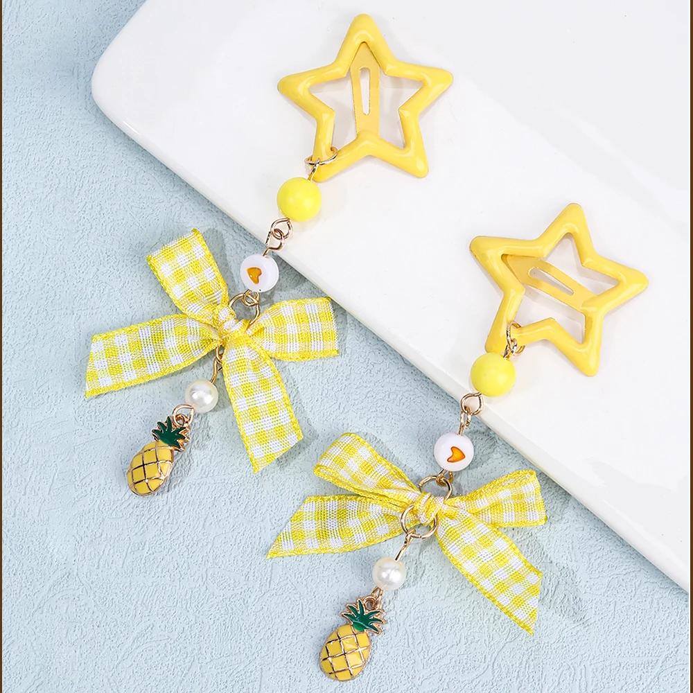2Pcs Y2k Star Hair Clip Sweet Mini Flower Candy Plastic Bear Crystal Pendant Hairpin Headwear For Girl Metal Barrette Accesories
