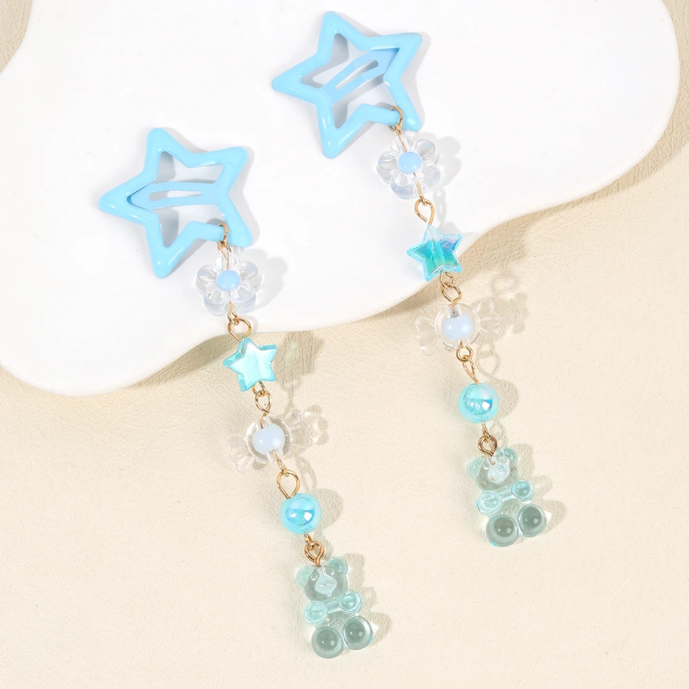 2Pcs Y2k Star Hair Clip Sweet Mini Flower Candy Plastic Bear Crystal Pendant Hairpin Headwear For Girl Metal Barrette Accesories