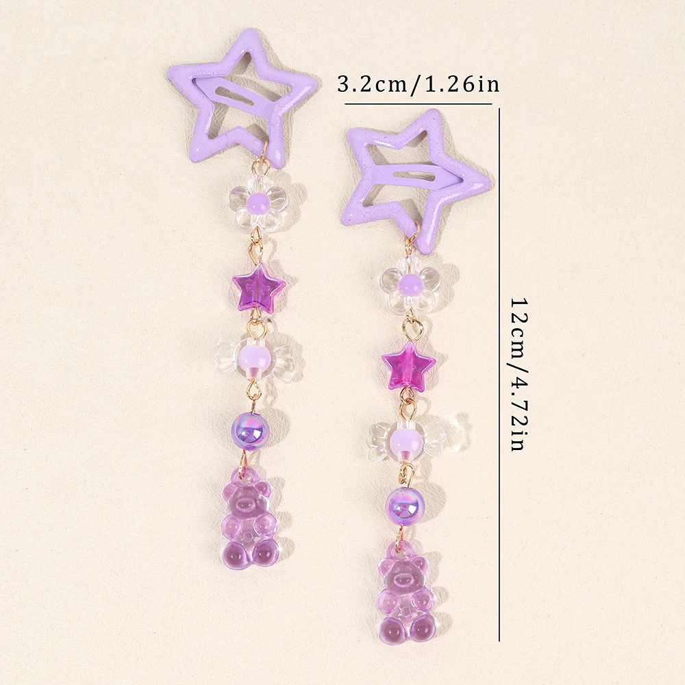 2Pcs Y2k Star Hair Clip Sweet Mini Flower Candy Plastic Bear Crystal Pendant Hairpin Headwear For Girl Metal Barrette Accesories