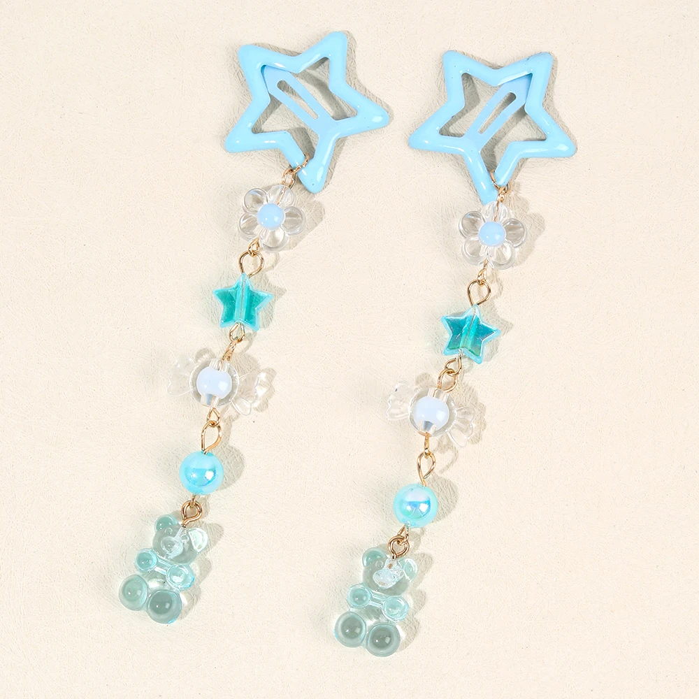 2Pcs Y2k Star Hair Clip Sweet Mini Flower Candy Plastic Bear Crystal Pendant Hairpin Headwear For Girl Metal Barrette Accesories