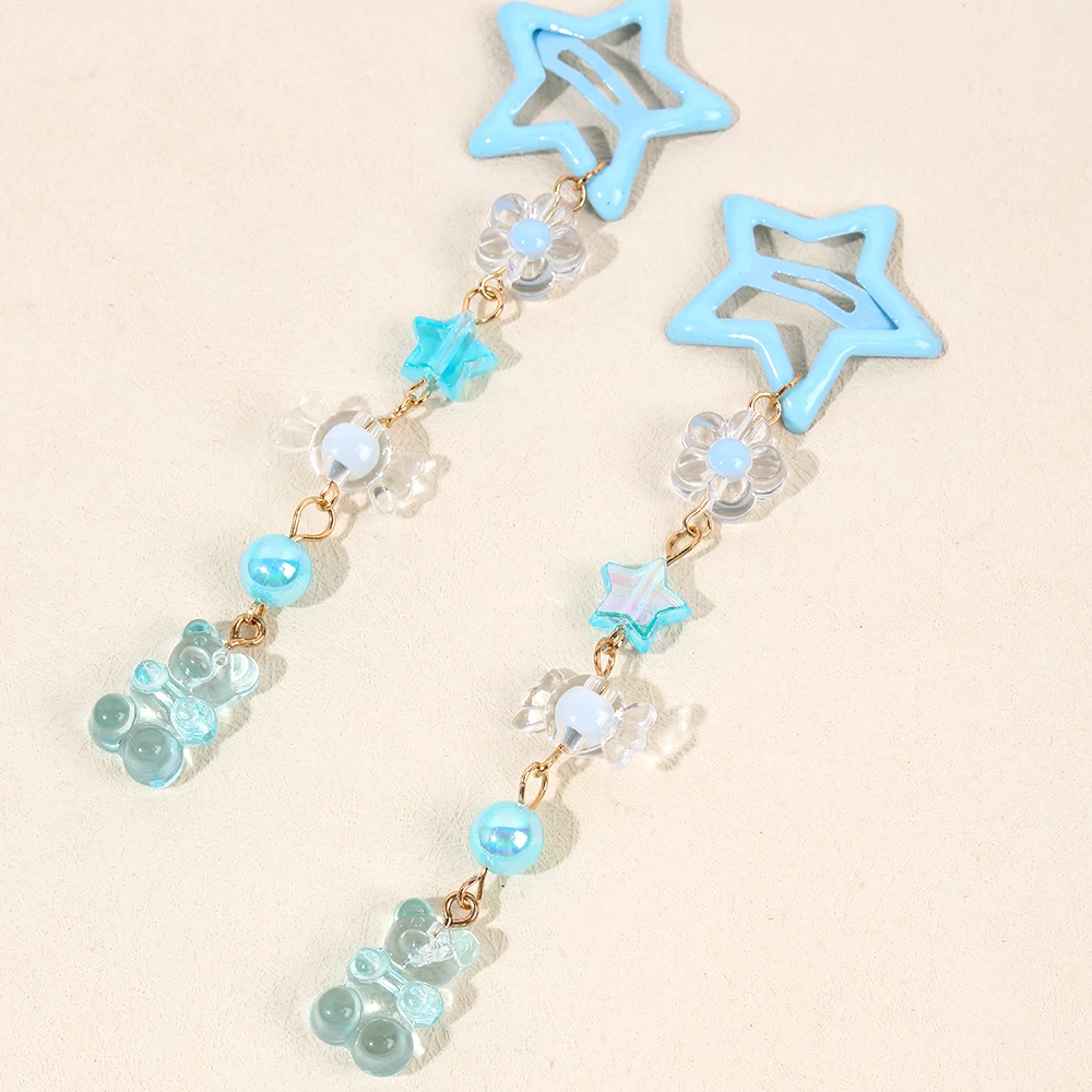 2Pcs Y2k Star Hair Clip Sweet Mini Flower Candy Plastic Bear Crystal Pendant Hairpin Headwear For Girl Metal Barrette Accesories