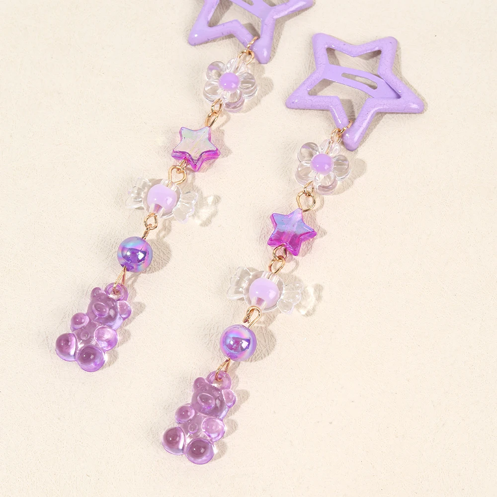 2Pcs Y2k Star Hair Clip Sweet Mini Flower Candy Plastic Bear Crystal Pendant Hairpin Headwear For Girl Metal Barrette Accesories