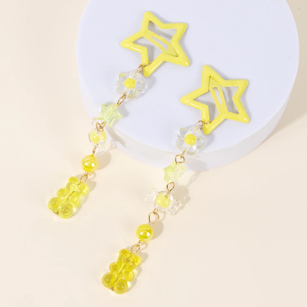 2Pcs Y2k Star Hair Clip Sweet Mini Flower Candy Plastic Bear Crystal Pendant Hairpin Headwear For Girl Metal Barrette Accesories