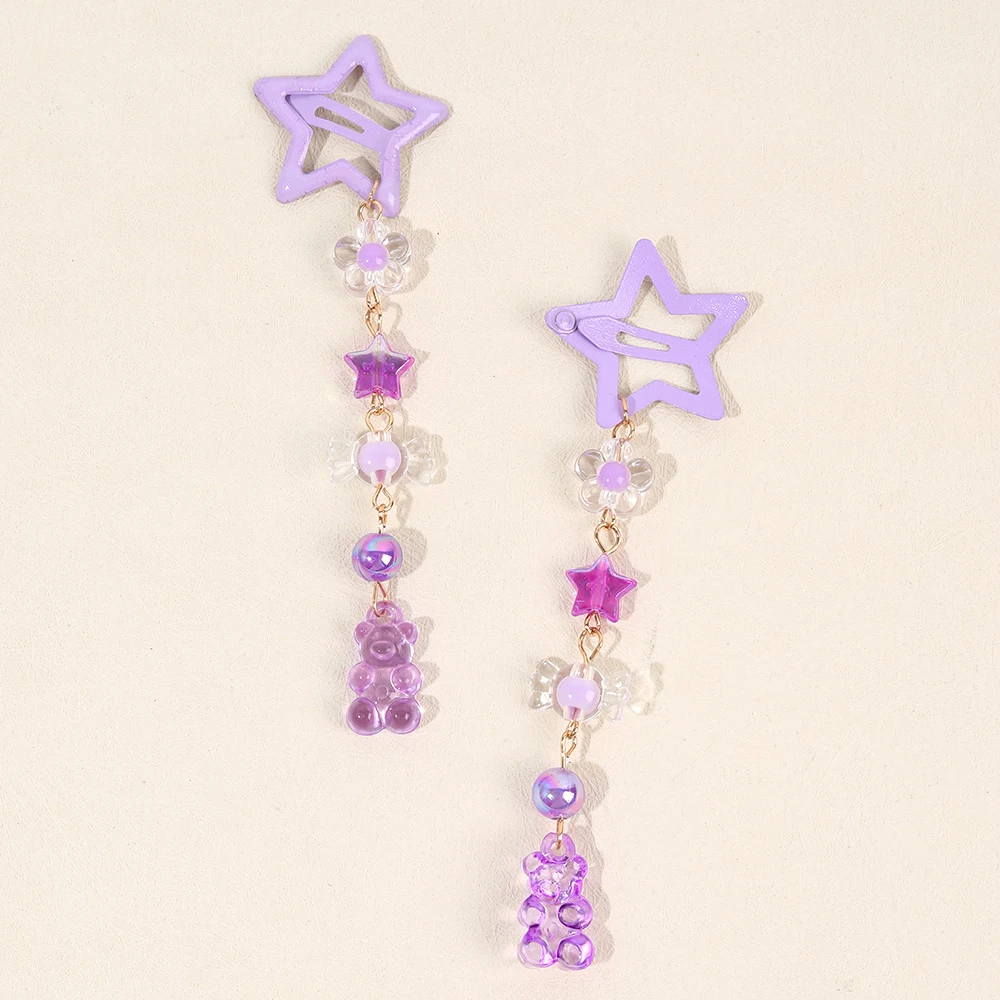 2Pcs Y2k Star Hair Clip Sweet Mini Flower Candy Plastic Bear Crystal Pendant Hairpin Headwear For Girl Metal Barrette Accesories